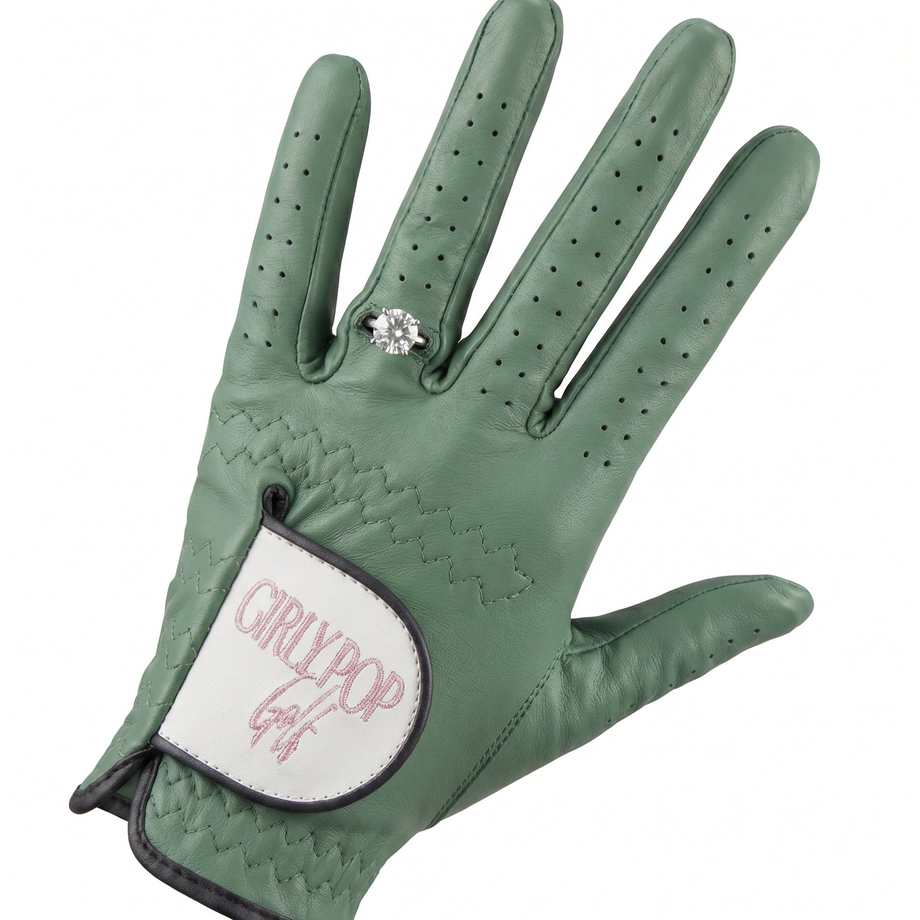 Green golf glove with 'Circlipop Golf' branding on a white background