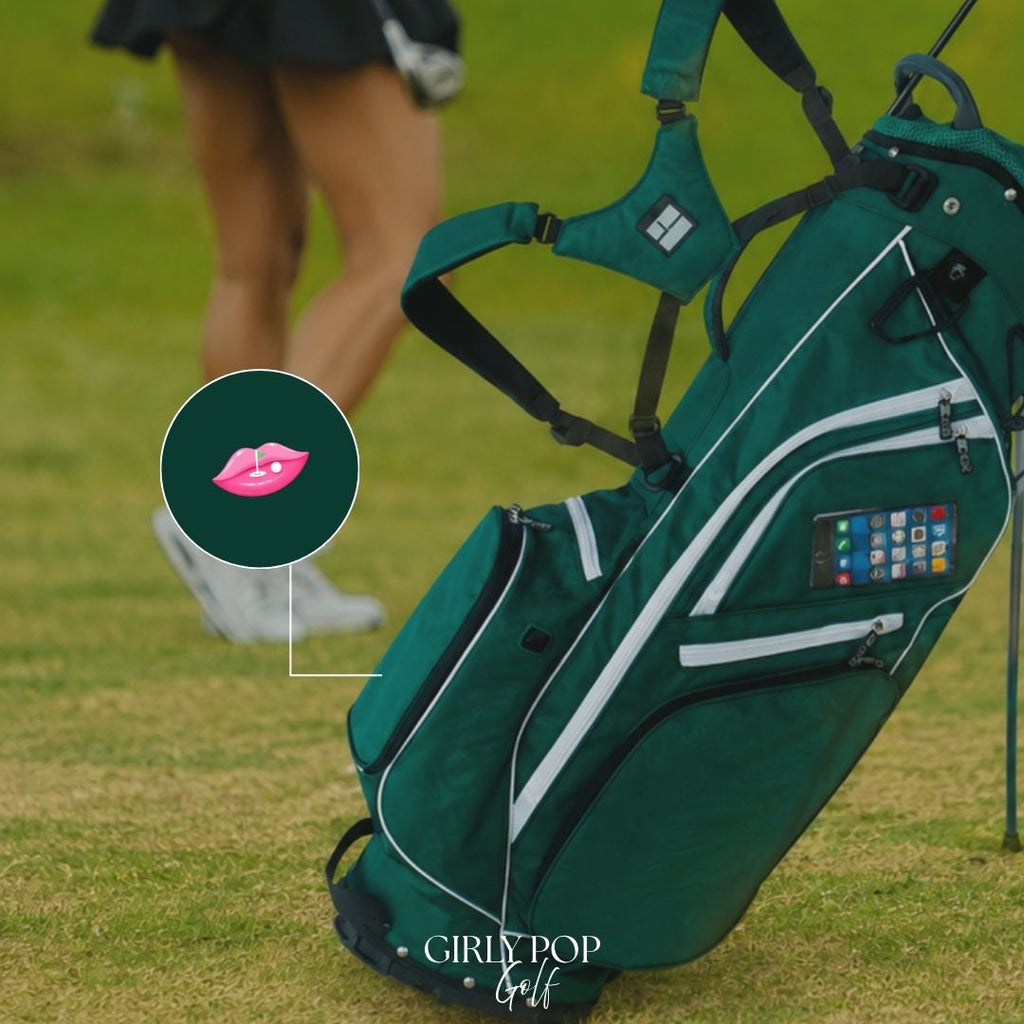 Green golf bag with visible brand logo on a grassy field